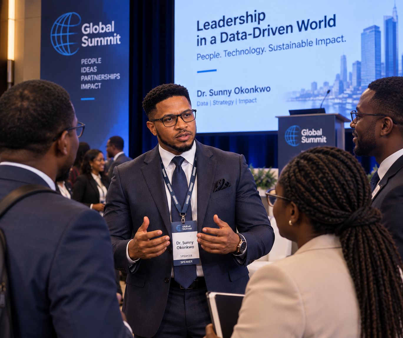 Dr. Sunny Okonkwo engaging with delegates at Global Summit — Leadership in a Data-Driven World